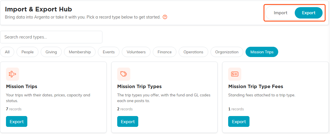The hub in Export mode with the Mission Trips category selected, showing cards that offer an Export button and no Import button