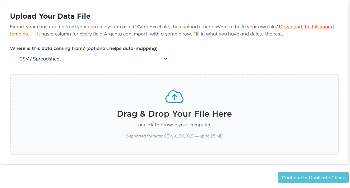 Step 1 of the import wizard: the source system dropdown, the drag and drop upload box listing the supported formats, and the Continue to Duplicate Check button