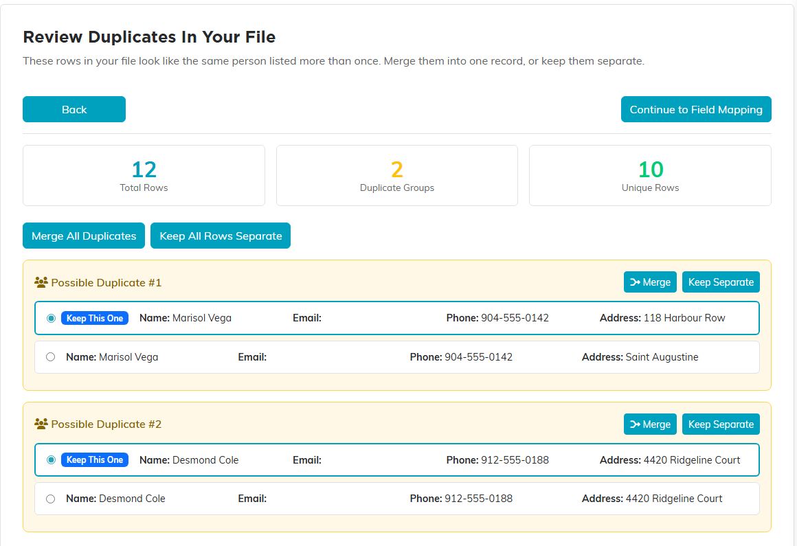 Step 2 of the import wizard showing the total rows, duplicate groups and unique rows counters, the Merge All Duplicates and Keep All Rows Separate buttons, and two duplicate groups each with a row marked Keep This One