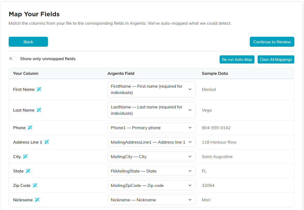 Step 3 of the import wizard: the Show only unmapped fields switch, the Re-run Auto-Map and Clear All Mappings buttons, and the mapping table with Your Column, Argenta Field and Sample Data