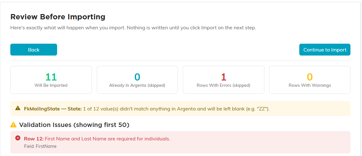 Step 4 of the import wizard showing the Will Be Imported, Already In Argenta, Rows With Errors and Rows With Warnings counters, an unmatched state value warning, and the Validation Issues list