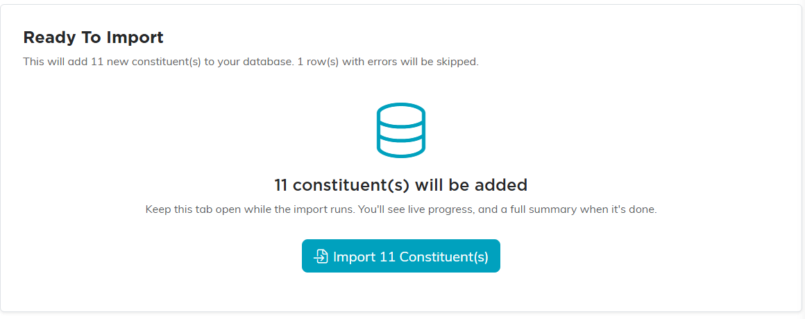 Step 5 of the import wizard: Ready To Import, showing how many records will be added, how many will be skipped, and the import button