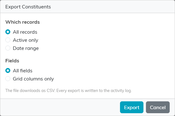 The Export Constituents options box with the Which records choices of All records, Active only and Date range, and the Fields choices of All fields and Grid columns only