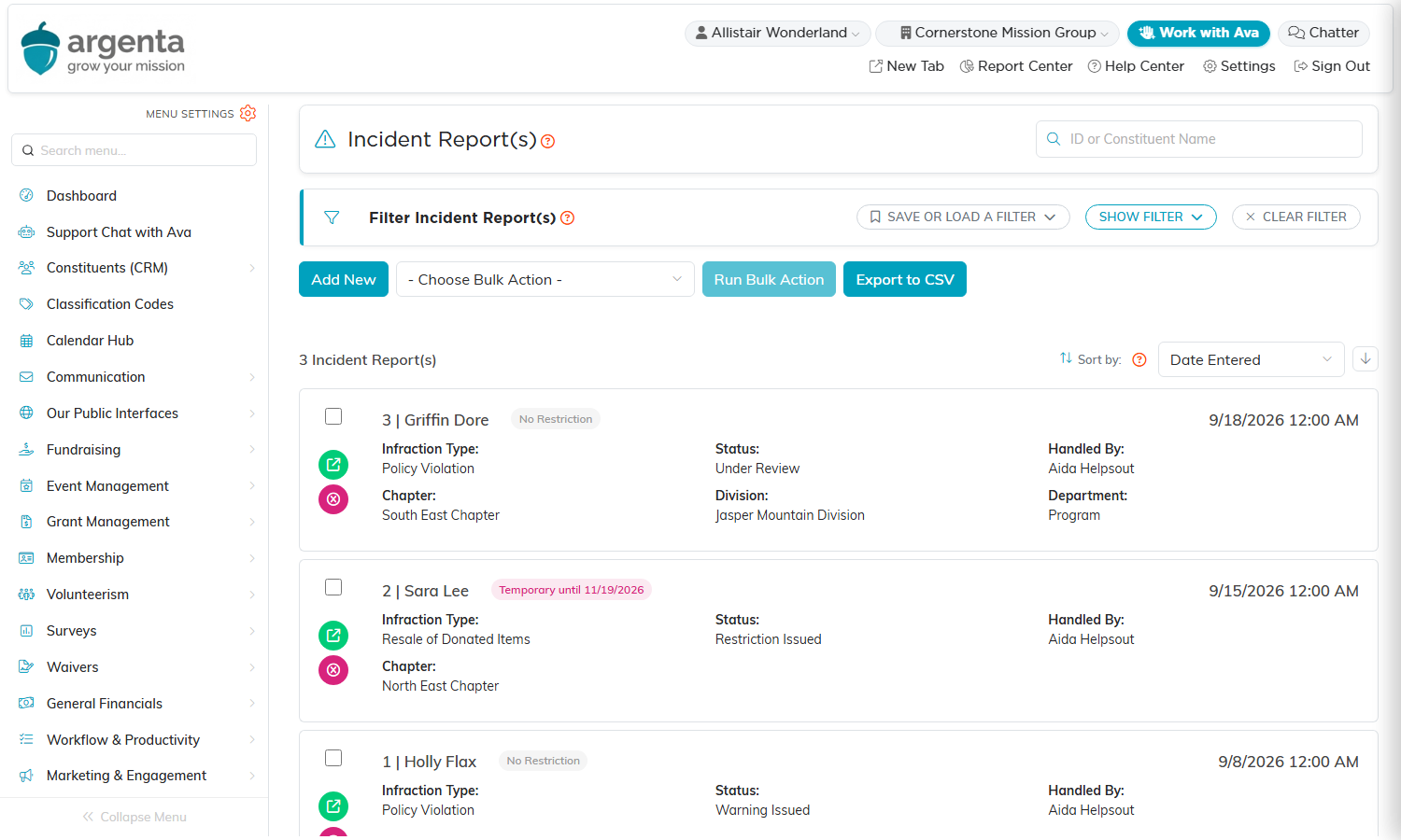 The Incident Reports list with three incidents, each showing its infraction type, status, who handled it and its restriction