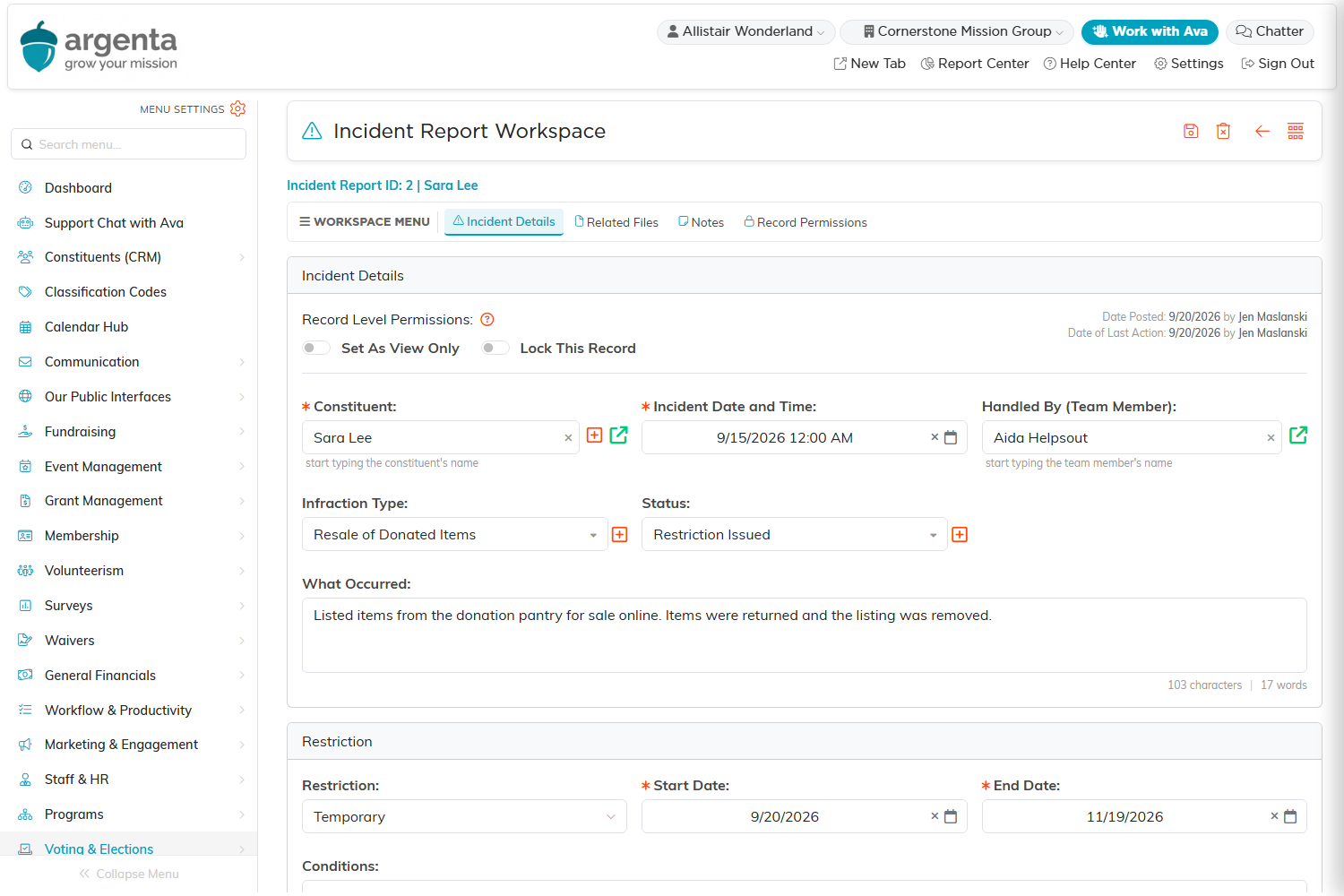 The Incident Report Workspace showing the incident details fields and the restriction section