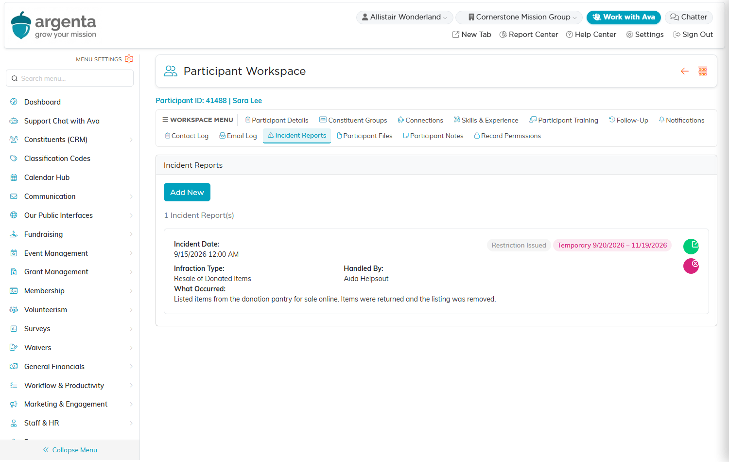 The Incident Reports tab on a Participant Workspace showing one incident and its restriction dates