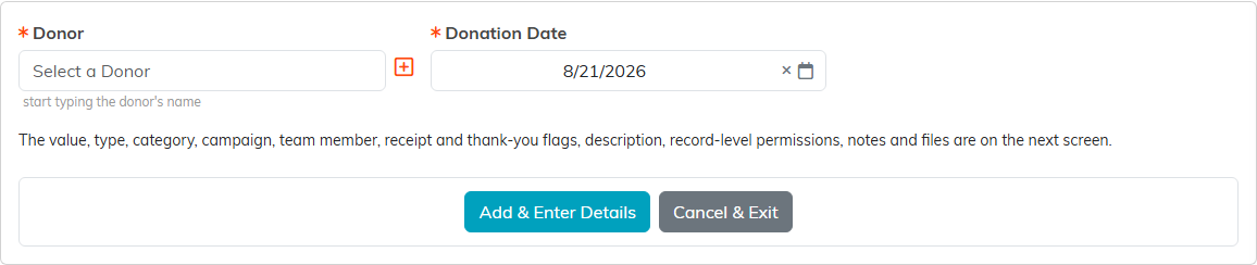 The Add A New In-Kind Donation form, showing the required Donor and Donation Date fields with the Add and Enter Details and Cancel and Exit buttons
