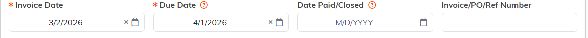 The Invoice Date, Due Date, Date Paid slash Closed and reference number fields