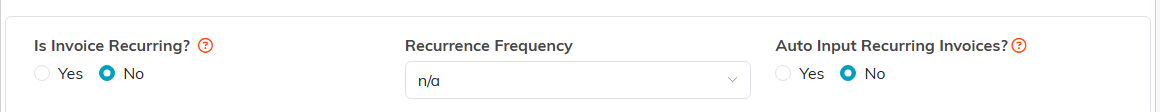The Is Invoice Recurring, Recurrence Frequency and Auto Input Recurring Invoices controls