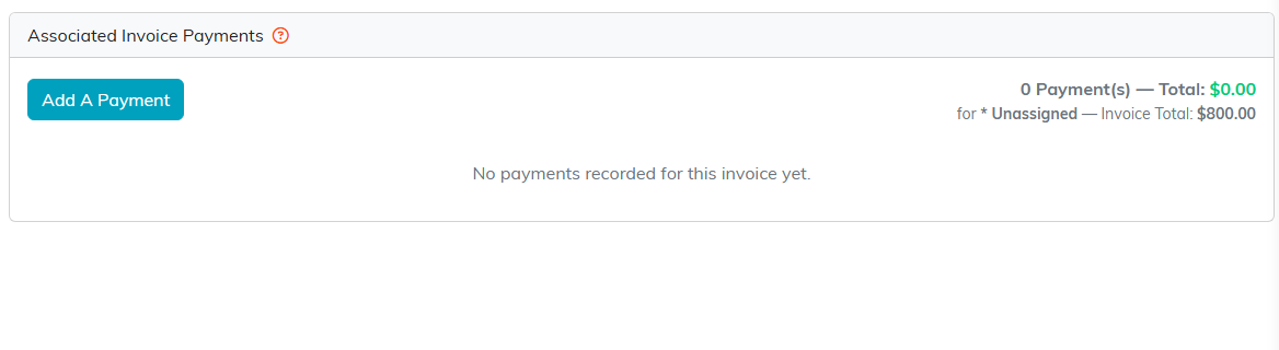 The Associated Invoice Payments tab with the Add A Payment button