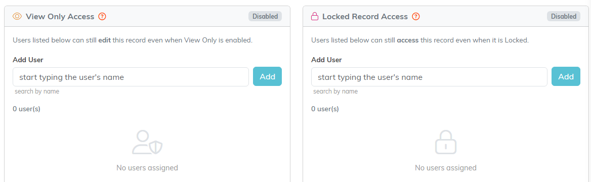 The View Only Access and Locked Record Access panels