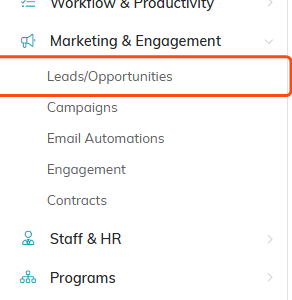 The Marketing and Engagement menu expanded with Leads and Opportunities highlighted