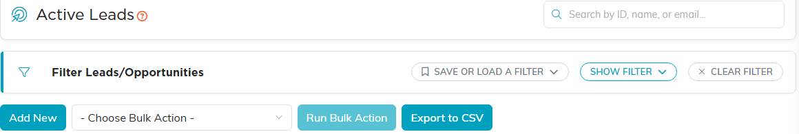 The top of the leads list with search, the filter bar, Add New, bulk action and Export to CSV