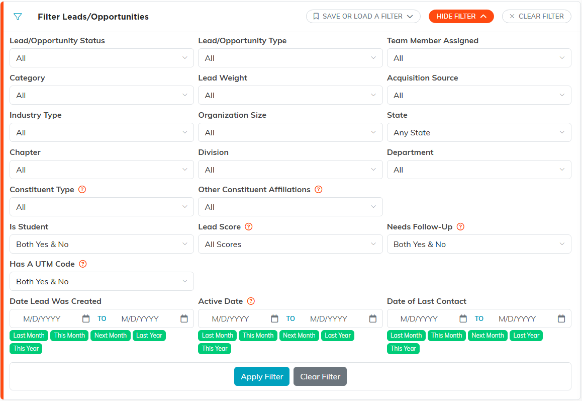 The full lead filter panel open, showing status, type, segment and date range filters