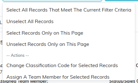 The bulk action dropdown open, showing the selection helpers above the actions