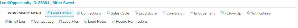 The Lead Workspace menu listing Lead Details, Connections, Sales Cycle and the other tabs