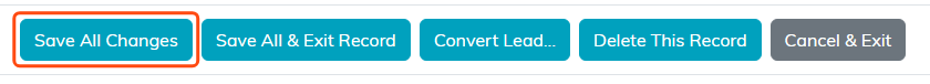 The buttons at the bottom of a lead record with Save All Changes highlighted