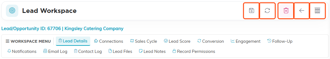 The Lead Workspace title bar and workspace menu, with the Save icon and the four other title bar icons boxed in orange