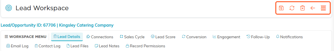 The Lead Workspace title bar and workspace menu, with the five title bar icons boxed in orange