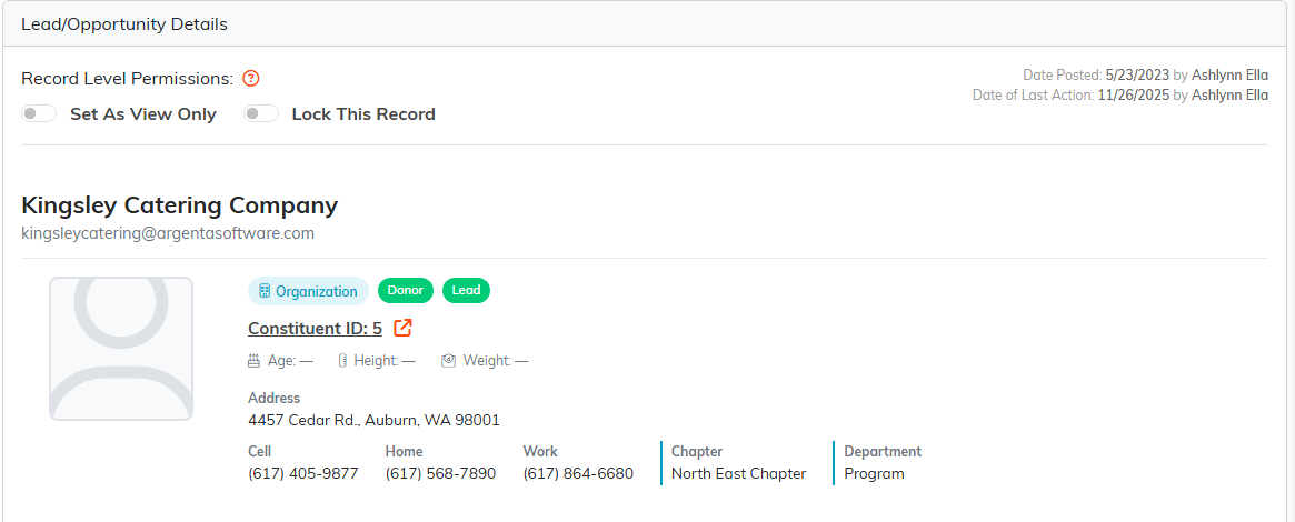 The top of the Lead Details tab showing the two record level permission switches, the audit line, and the constituent card with badges, address, and phone numbers