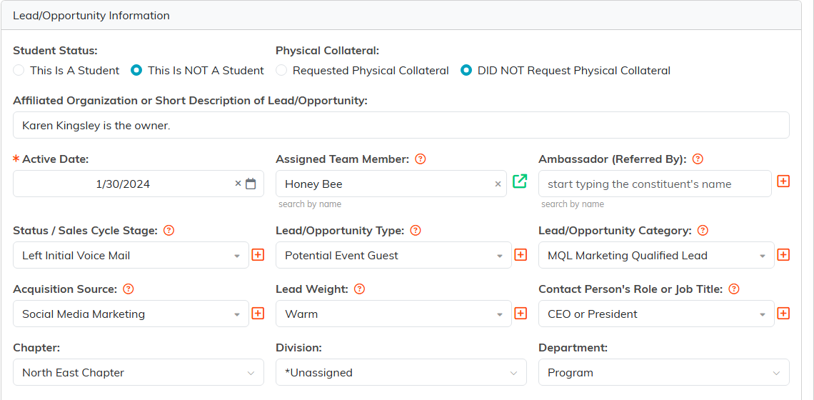 The Lead/Opportunity Information panel showing student status, affiliated organization, active date, assigned team member, ambassador, status, type, category, acquisition source, weight, role, chapter, division, and department