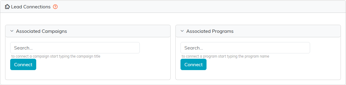 The Lead Connections tab with an Associated Campaigns panel and an Associated Programs panel, each with a search box and a Connect button