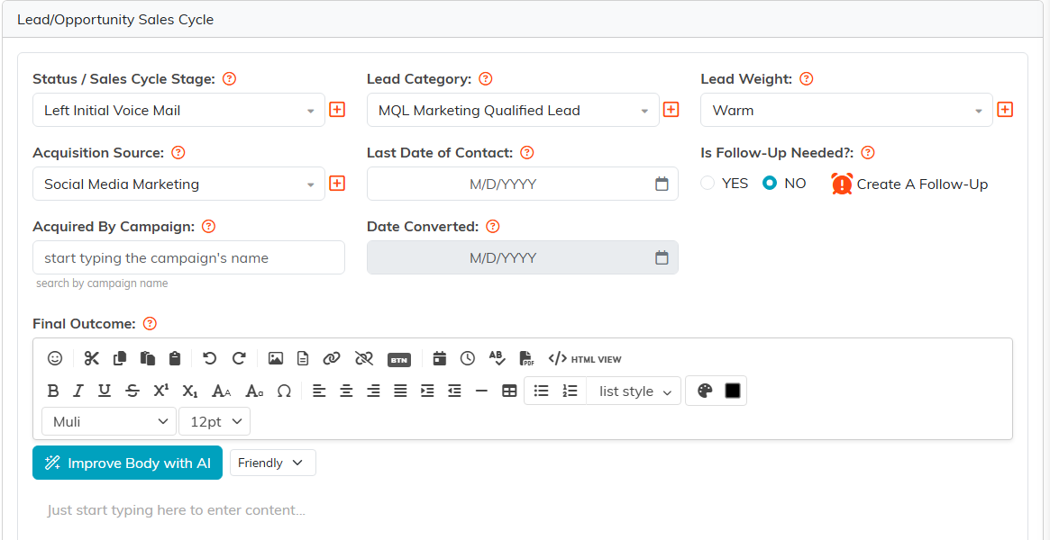 The Sales Cycle tab showing status, lead category, weight, acquisition source, last date of contact, follow-up needed, acquired by campaign, date converted, and a Final Outcome editor