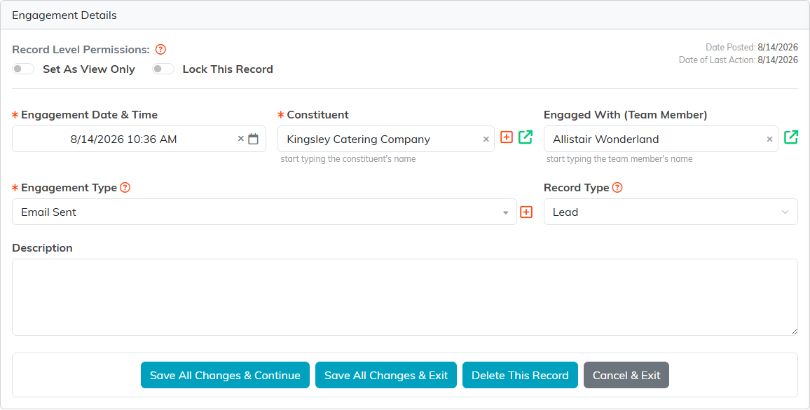 The engagement entry screen with date and time, constituent, team member, engagement type, record type, and a description box