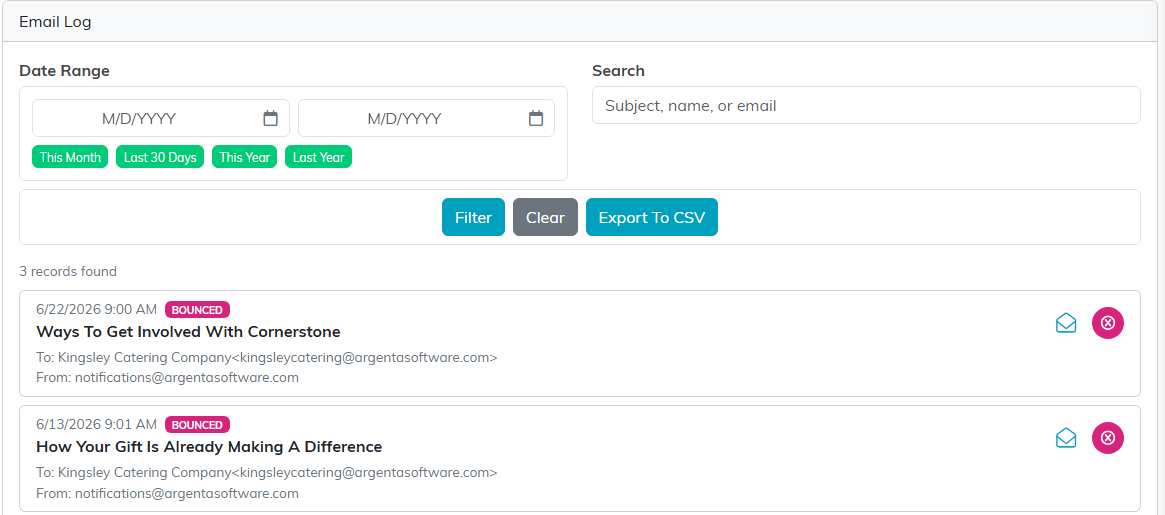 The Email Log tab with a date range filter, quick range buttons, a search box, Export To CSV, and logged emails showing their delivery status