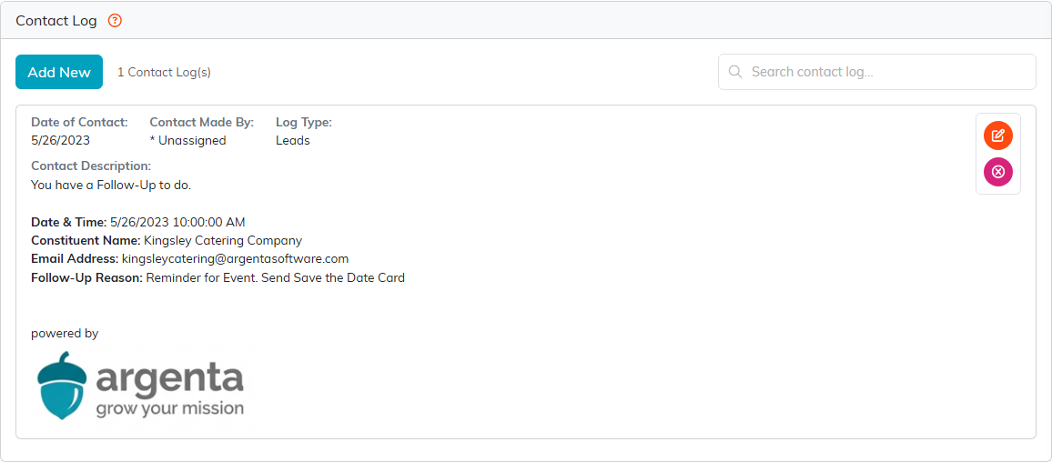 The Contact Log tab showing a logged conversation with its date, who made contact, the log type, and the description