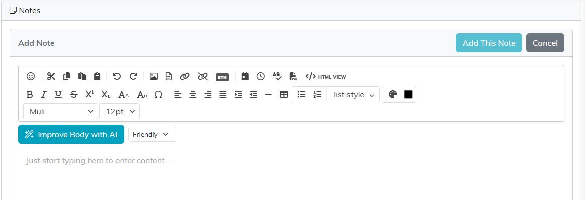 The Add Note editor on the Lead Notes tab, with formatting tools and an Add This Note button