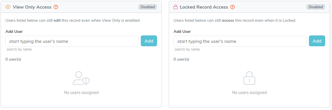 The Record Permissions tab with a View Only Access panel and a Locked Record Access panel, each with an Add User box