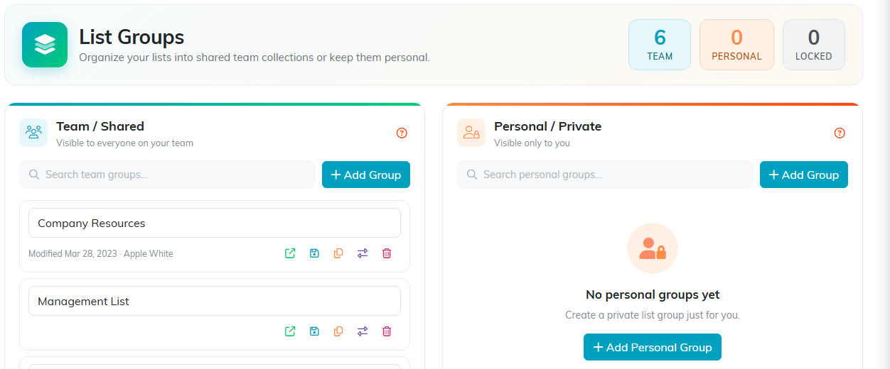 The List Groups page with Team Shared and Personal Private columns