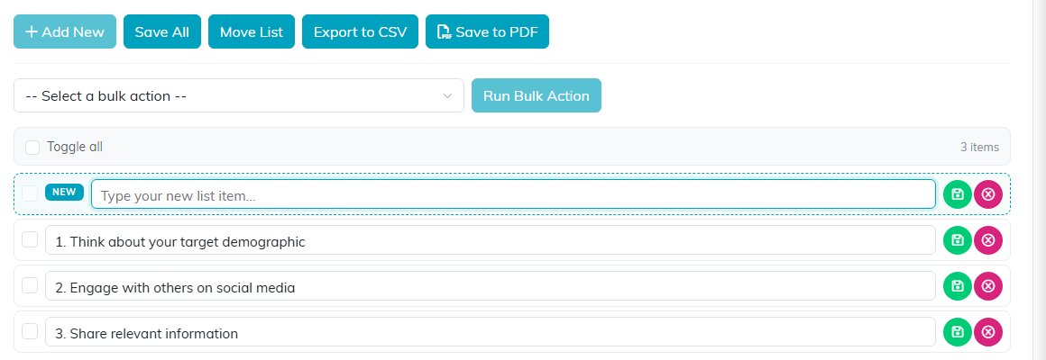 A list of items with a new draft row badged NEW reading Type your new list item, above three saved items, with the Add New, Save All, Move List, Export to CSV and Save to PDF buttons