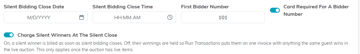 The five auction night settings on the Auction Details page: Silent Bidding Close Date and Time, First Bidder Number, Card Required For A Bidder Number, and Charge Silent Winners At The Silent Close