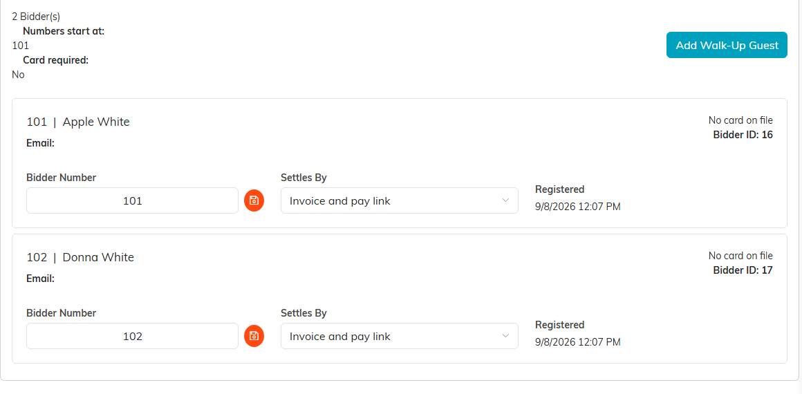 The Auction Bidders page showing two registered guests with bidder numbers 101 and 102, each with a Bidder Number box, a Settles By choice and the date they registered