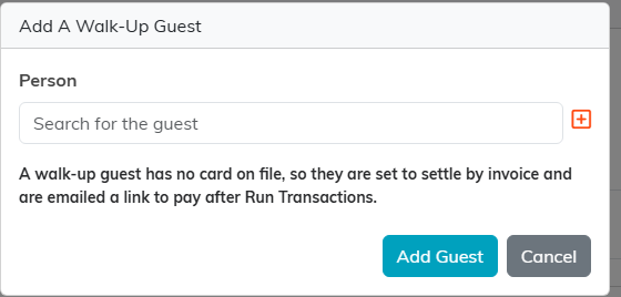 The Add A Walk-Up Guest window, with a box to search for the guest and a note that a walk-up has no card on file so they settle by invoice