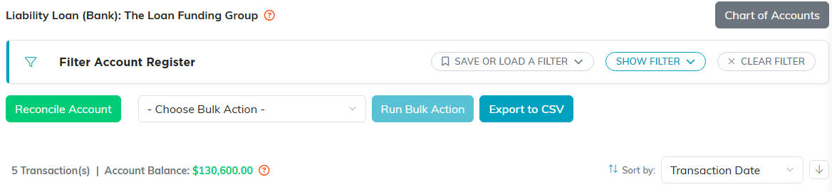 An installment account register headed Liability Loan with its account balance