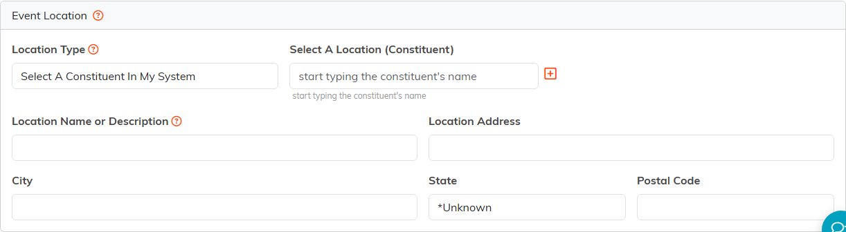 The Event Location card on an event, with Location Type, a constituent lookup, and name and address fields