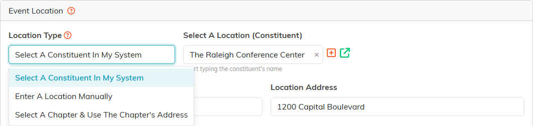 The Location Type dropdown open on an event, showing its three choices