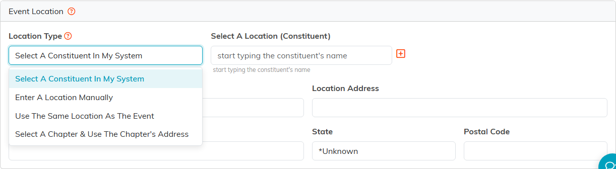 The Location Type dropdown open, showing its four choices