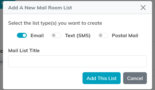 The Add A New Mail Room List window with the Text SMS switch