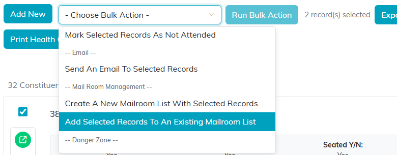 Bulk action menu open with the Mail Room Management options outlined