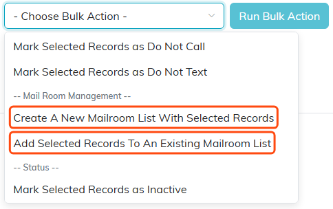 The bulk actions menu showing the two Mail Room options