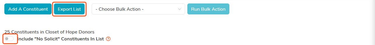Export List button and the Include No Solicit Constituents In List switch highlighted