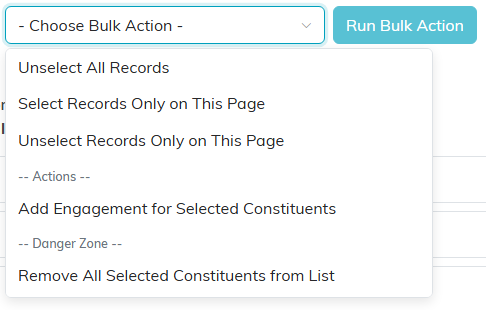 The bulk action menu inside a list showing Add Engagement and Remove All Selected Constituents