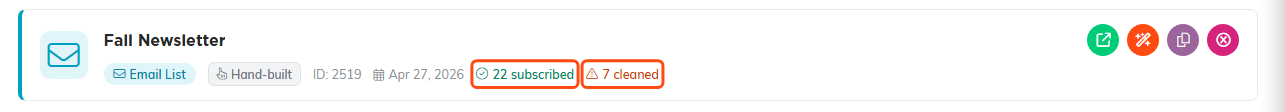 A list row showing 22 subscribed and 7 cleaned
