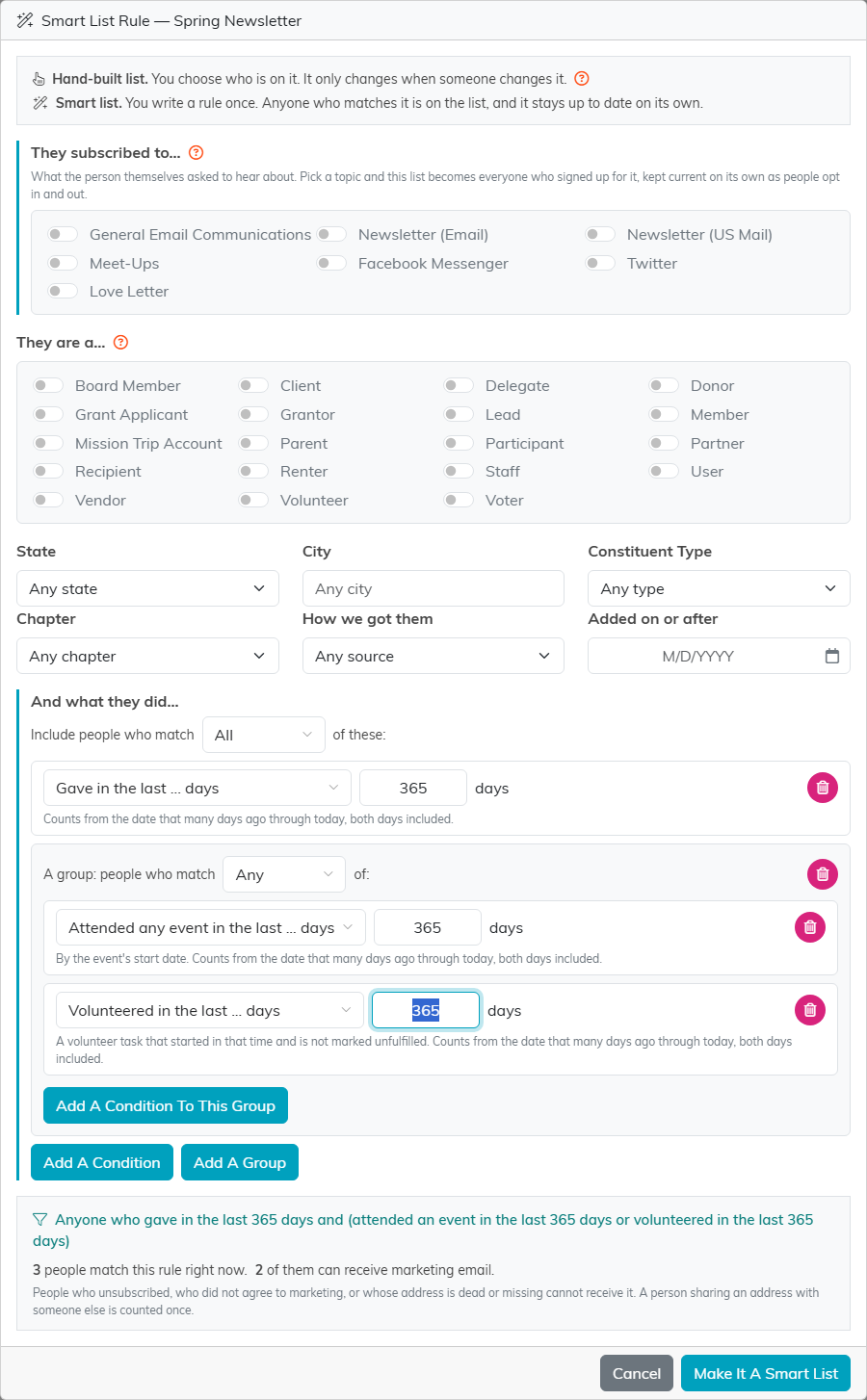 The Smart List Rule window