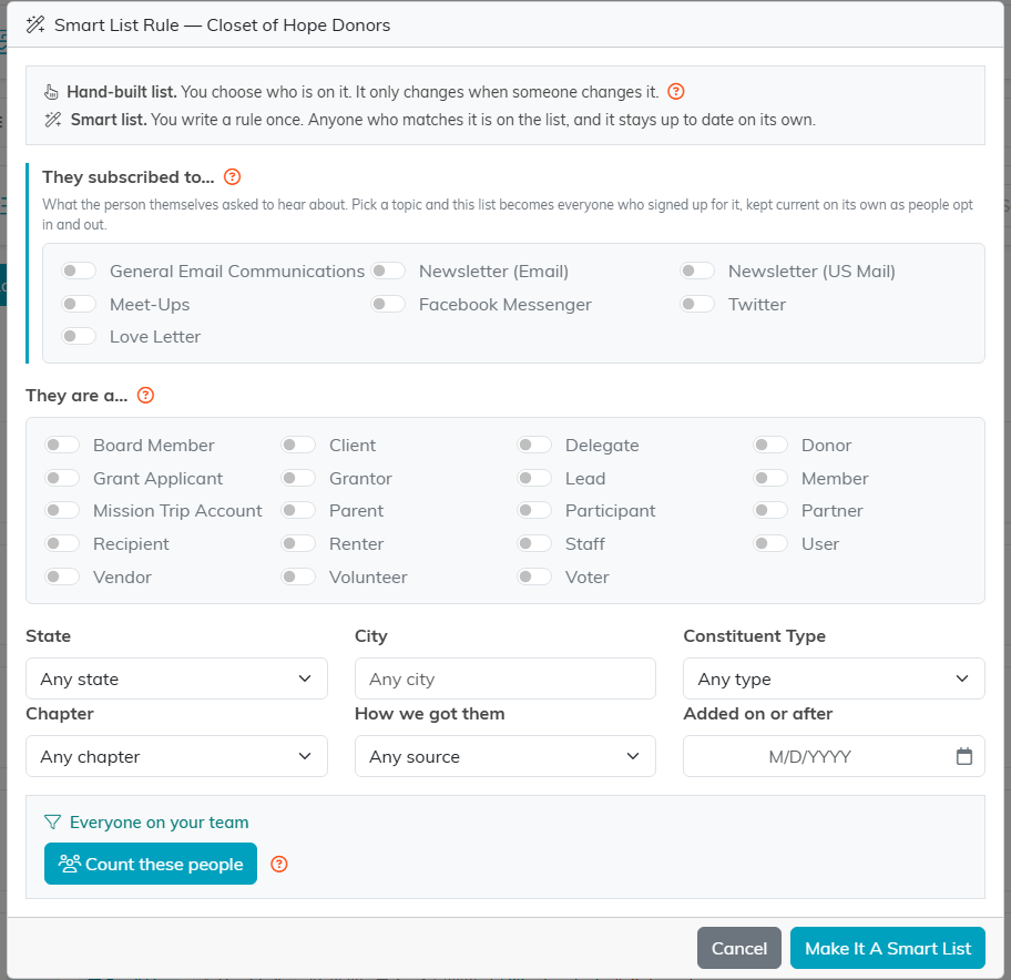 The Smart List Rule window showing topic, type and location filters