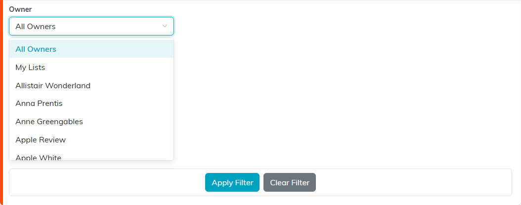 The Owner filter open, offering All Owners, My Lists and each user